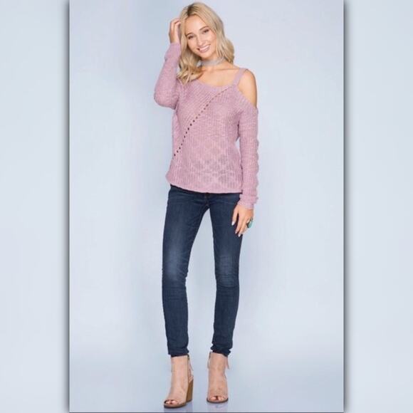 A490-A • Lilac Cold Shoulder Slub-Knit Sweater - Picture 4 of 6